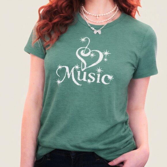 Treble Clef Heart Music Tee Size M Heathered Teal Graphic Shirt Singer Style - Picture 9 of 10
